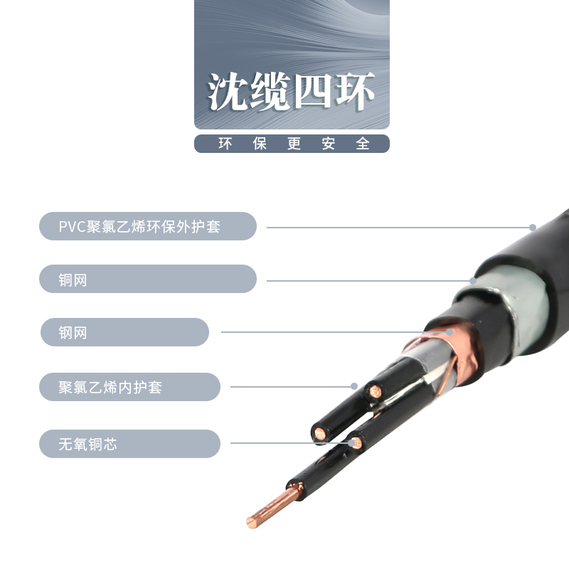 沈缆四环 4芯、8芯、10芯 ZR-KVVP22  1.5mm?-2.5mm? 阻燃铜芯聚氯乙烯绝缘聚氯乙烯护套钢带铠装电缆